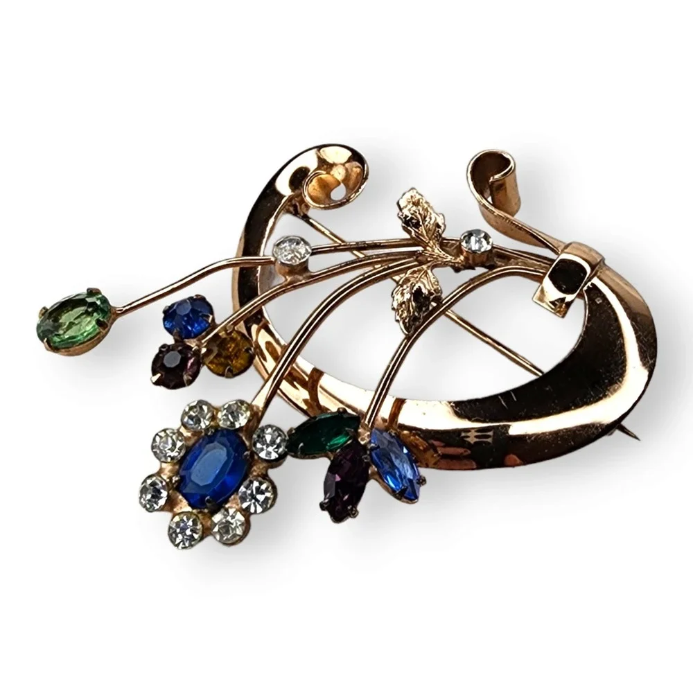 Vintage Sterling Silver Gold Vermeil Coro Craft Jeweled Rhinestone Brooch Pin